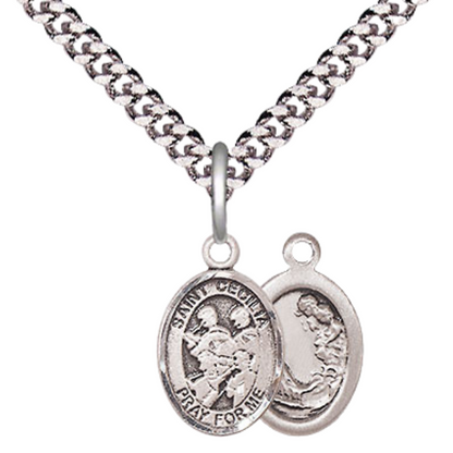 Small Sized Men's Pewter Saint St. Cecilia Marching Band Medal Pendant on 24 Inch Endless Rhodium Plated Heavy Curb Brass Chain, Catholic Religious Necklace - Made in USA- Deluxe Velvet Gift Box