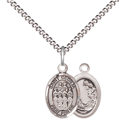 Small Sized Women's Pewter Saint Cecilia Choir Medal Pendant on 18 Inch Rhodium Plated Lite Curb Brass Chain with Lobster Claw Clasp, Catholic Religious Necklace - Made in USA- Velvet Gift Box