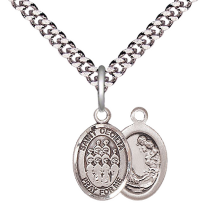 Small Sized Men's Pewter Saint St. Cecilia Choir Medal Pendant on 24 Inch Endless Rhodium Plated Heavy Curb Brass Chain, Catholic Religious Necklace - Made in USA- Deluxe Velvet Gift Box