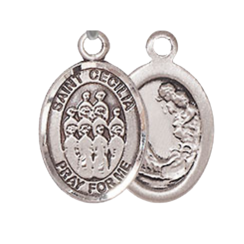 Small Sized Men's .925 Sterling Silver Saint St. Cecilia Choir Medal Pendant on 24 Inch Endless Rhodium Plated Heavy Curb Brass Chain, Catholic Religious Necklace - Made in USA- Deluxe Velvet Gift Box