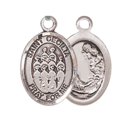 Small Sized Women's Pewter Saint Cecilia Choir Medal Pendant on 18 Inch Rhodium Plated Lite Curb Brass Chain with Lobster Claw Clasp, Catholic Religious Necklace - Made in USA- Velvet Gift Box