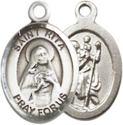 Small Sized Men's Pewter Saint St. Rita Baseball Medal Pendant on 24 Inch Endless Rhodium Plated Heavy Curb Brass Chain, Catholic Religious Necklace - Made in USA- Deluxe Velvet Gift Box