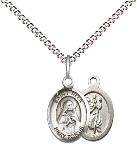 Small Sized Women's Pewter Saint St. Rita Baseball Medal Pendant on 18 Inch Rhodium Plated Lite Curb Brass Chain with Lobster Claw Clasp, Catholic Religious Necklace - Made in USA- Velvet Gift Box