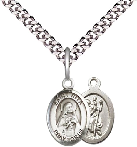Small Sized Men's Pewter Saint St. Rita Baseball Medal Pendant on 24 Inch Endless Rhodium Plated Heavy Curb Brass Chain, Catholic Religious Necklace - Made in USA- Deluxe Velvet Gift Box