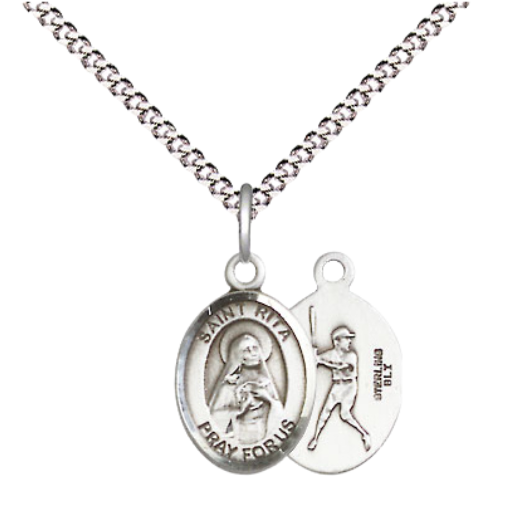 Small Sized Women's .925 Sterling Silver Saint St. Rita Baseball Medal Pendant on 18 Inch Rhodium Plated Lite Curb Brass Chain with Lobster Claw Clasp, Catholic Religious Necklace - Made in USA- Velvet Gift Box