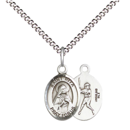 Small Sized Women's .925 Sterling Silver Saint St. Rita Baseball Medal Pendant on 18 Inch Rhodium Plated Lite Curb Brass Chain with Lobster Claw Clasp, Catholic Religious Necklace - Made in USA- Velvet Gift Box
