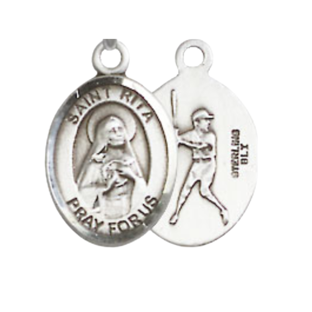 Small Sized Men's .925 Sterling Silver Saint St. Rita Baseball Medal Pendant on 24 Inch Endless Rhodium Plated Heavy Curb Brass Chain, Catholic Religious Necklace - Made in USA- Deluxe Velvet Gift Box