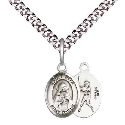 Small Sized Men's .925 Sterling Silver Saint St. Rita Baseball Medal Pendant on 24 Inch Endless Rhodium Plated Heavy Curb Brass Chain, Catholic Religious Necklace - Made in USA- Deluxe Velvet Gift Box