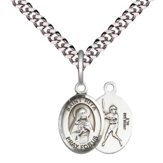 Small Sized Men's .925 Sterling Silver Saint St. Rita Baseball Medal Pendant on 24 Inch Endless Rhodium Plated Heavy Curb Brass Chain, Catholic Religious Necklace - Made in USA- Deluxe Velvet Gift Box