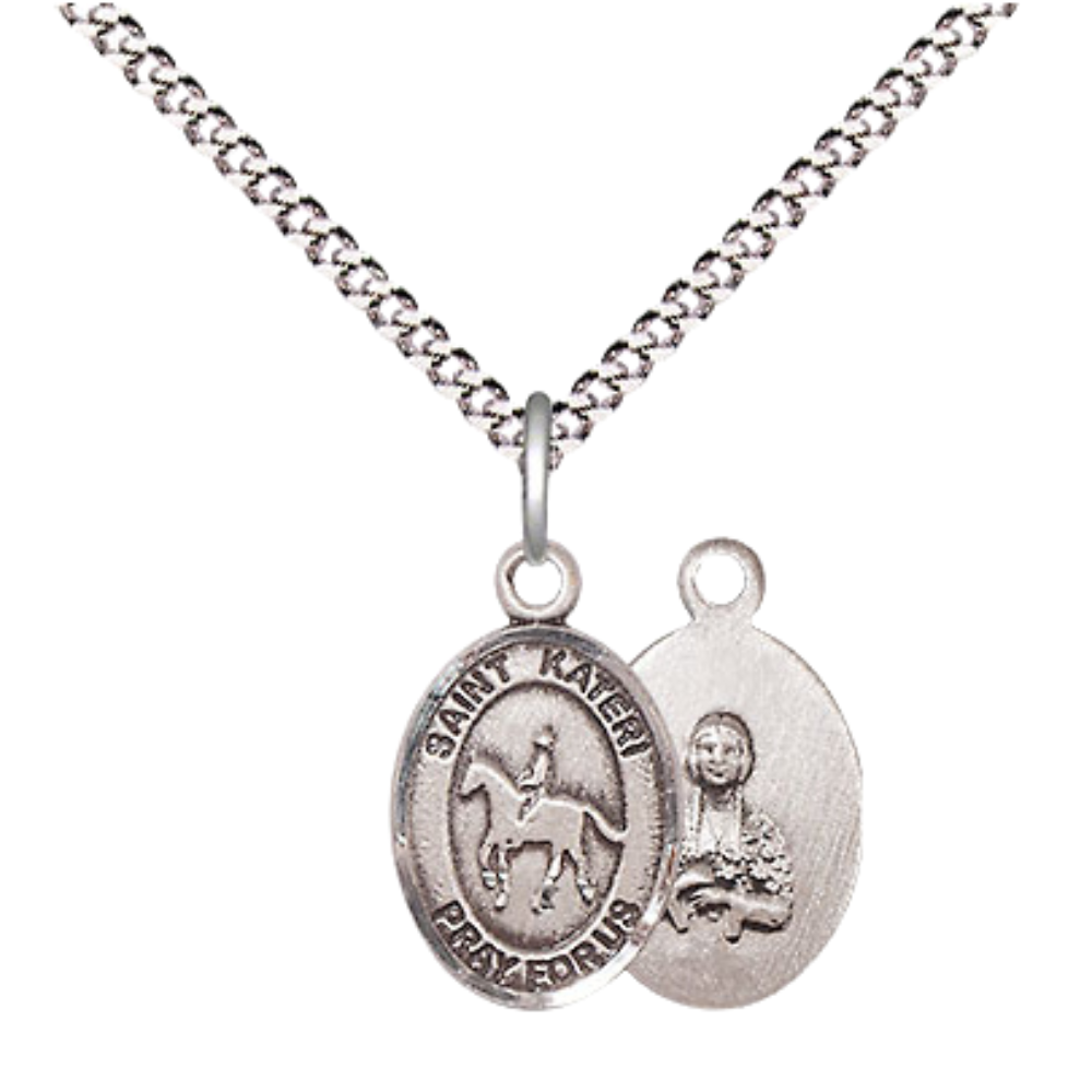 Small Sized Women's .925 Sterling Silver Saint Kateri Equestrian Medal Pendant on 18 Inch Rhodium Plated Lite Curb Brass Chain with Lobster Claw Clasp, Catholic Religious Necklace - Made in USA- Velvet Gift Box