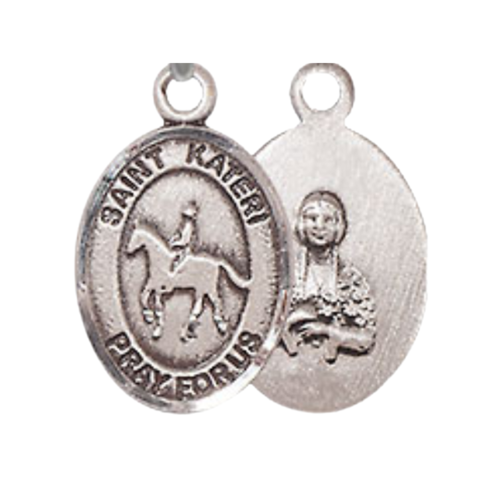 Small Sized Women's Pewter Saint Kateri Equestrian Medal Pendant on 18 Inch Rhodium Plated Lite Curb Brass Chain with Lobster Claw Clasp, Catholic Religious Necklace - Made in USA- Velvet Gift Box