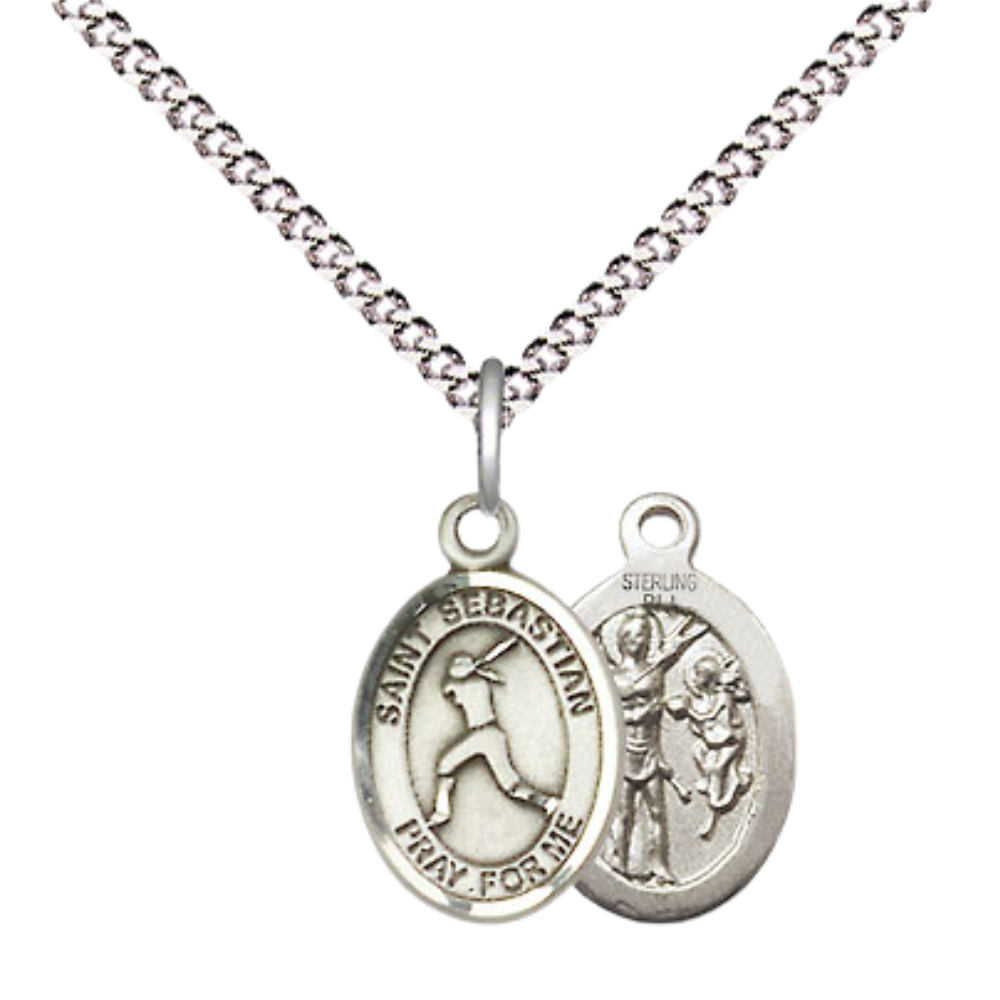 Small Sized Women's Pewter Saint Sebastian Softball Medal Pendant on 18 Inch Rhodium Plated Lite Curb Brass Chain with Lobster Claw Clasp, Catholic Religious Necklace - Made in USA- Velvet Gift Box