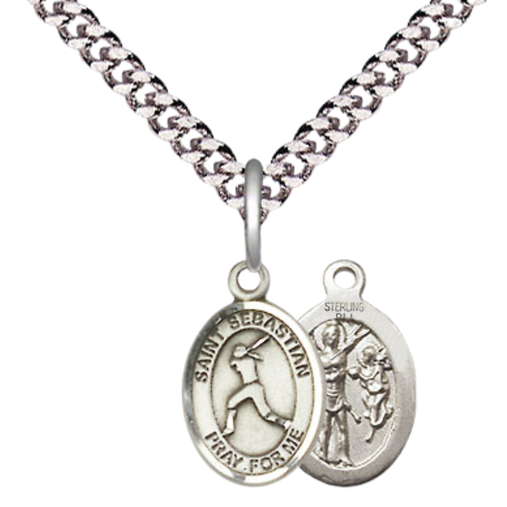 Small Sized Men's Pewter Saint St. Sebastian Softball Medal Pendant on 24 Inch Endless Rhodium Plated Heavy Curb Brass Chain, Catholic Religious Necklace - Made in USA- Deluxe Velvet Gift Box
