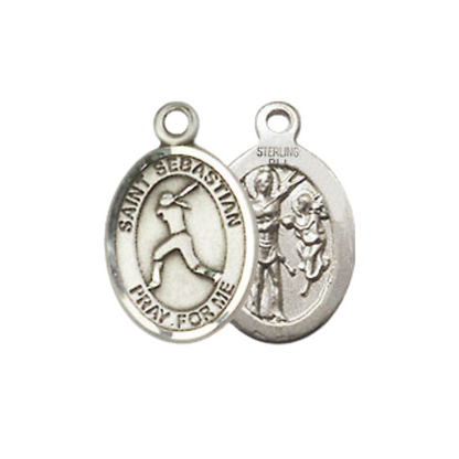 Small Sized Men's Pewter Saint St. Sebastian Softball Medal Pendant on 24 Inch Endless Rhodium Plated Heavy Curb Brass Chain, Catholic Religious Necklace - Made in USA- Deluxe Velvet Gift Box