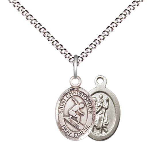 Small Sized Women's .925 Sterling Silver Saint St. Christopher Surfing Medal Pendant on 18 Inch Rhodium Plated Lite Curb Brass Chain w/ Lobster Claw Clasp, Catholic Religious Necklace - Made in USA- Velvet Gift Box