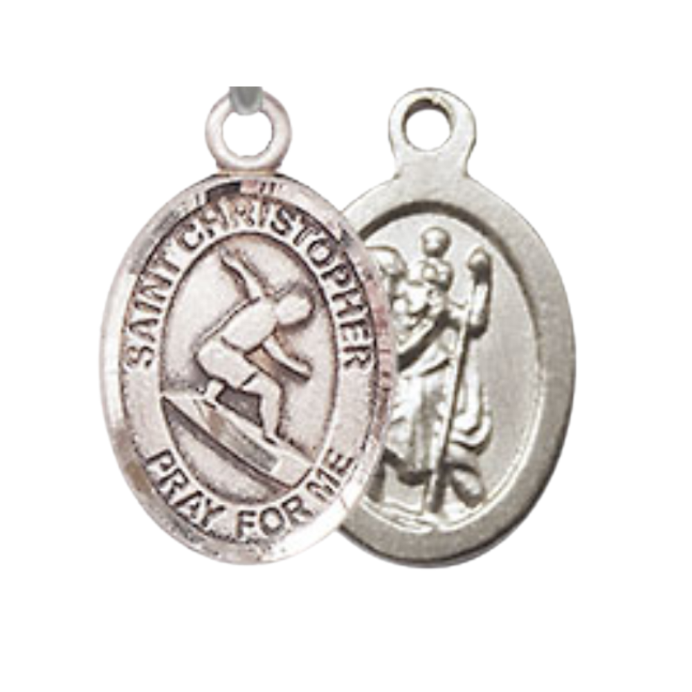 Small Sized Women's Pewter Saint St. Christopher Surfing Medal Pendant on 18 Inch Rhodium Plated Lite Curb Brass Chain with Lobster Claw Clasp, Catholic Religious Necklace - Made in USA- Velvet Gift Box