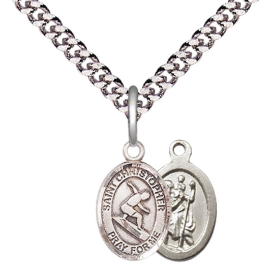 Small Sized Men's Pewter Saint St. Christopher Surfing Medal Pendant on 24 Inch Endless Rhodium Plated Heavy Curb Brass Chain, Catholic Religious Necklace - Made in USA- Deluxe Velvet Gift Box