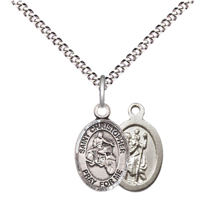 Small Sized Women's .925 Sterling Silver Saint St. Christopher Motorcycle Medal Pendant on 18 Inch Rhodium Plated Lite Curb Brass Chain w/ Lobster Claw Clasp, Catholic Religious Necklace - Made in USA- Velvet Gift Box