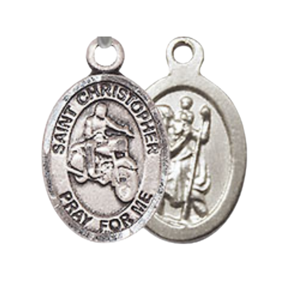 Small Sized Women's Pewter Saint St. Christopher Motorcycle Medal Pendant on 18 Inch Rhodium Plated Lite Curb Brass Chain with Lobster Claw Clasp, Catholic Religious Necklace - Made in USA- Velvet Gift Box