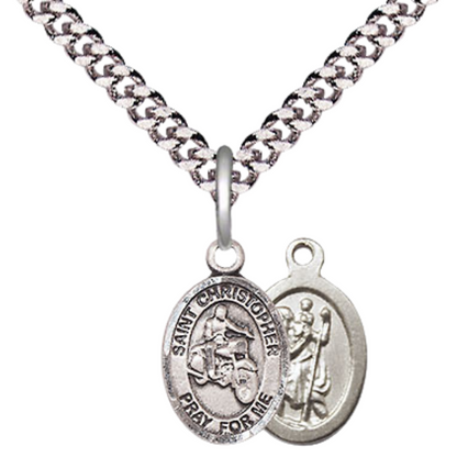 Small Sized Men's .925 Sterling Silver Saint St. Christopher Motorcycle Medal Pendant on 24 Inch Endless Rhodium Plated Heavy Curb Brass Chain, Catholic Religious Necklace - Made in USA- Deluxe Velvet Gift Box