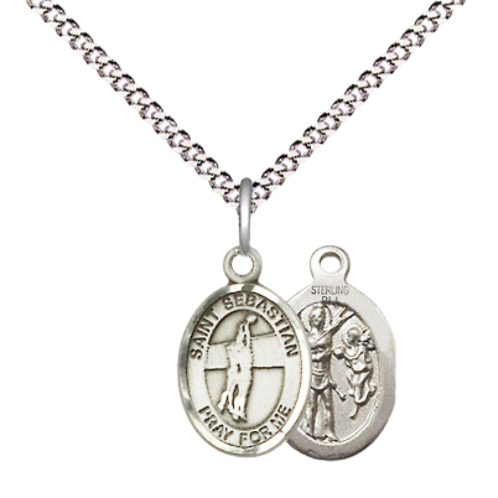 Small Sized Women's Pewter Saint St. Sebastian Volleyball Medal Pendant on 18 Inch Rhodium Plated Lite Curb Brass Chain with Lobster Claw Clasp, Catholic Religious Necklace - Made in USA- Velvet Gift Box