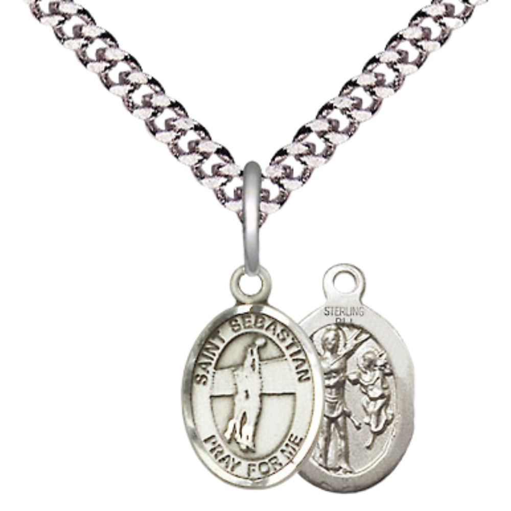 Small Sized Men's Pewter Saint St. Sebastian Volleyball Medal Pendant on 24 Inch Endless Rhodium Plated Heavy Curb Brass Chain, Catholic Religious Necklace - Made in USA- Deluxe Velvet Gift Box