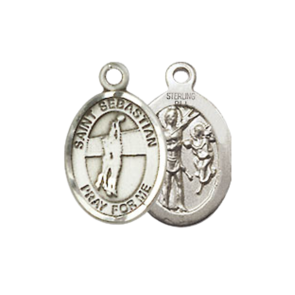 Small Sized Men's Pewter Saint St. Sebastian Volleyball Medal Pendant on 24 Inch Endless Rhodium Plated Heavy Curb Brass Chain, Catholic Religious Necklace - Made in USA- Deluxe Velvet Gift Box