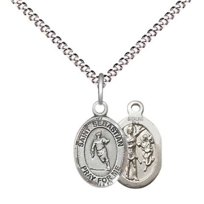 Small Sized Women's Pewter Saint St. Sebastian Rugby Medal Pendant on 18 Inch Rhodium Plated Lite Curb Brass Chain with Lobster Claw Clasp, Catholic Religious Necklace - Made in USA- Velvet Gift Box