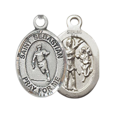 Small Sized Women's Pewter Saint St. Sebastian Rugby Medal Pendant on 18 Inch Rhodium Plated Lite Curb Brass Chain with Lobster Claw Clasp, Catholic Religious Necklace - Made in USA- Velvet Gift Box