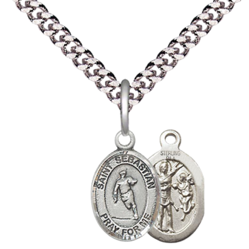 Small Sized Men's Pewter Saint St. Sebastian Rugby Medal Pendant on 24 Inch Endless Rhodium Plated Heavy Curb Brass Chain, Catholic Religious Necklace - Made in USA- Deluxe Velvet Gift Box