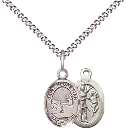 Small Sized Women's Pewter Saint St. Sebastian Fishing Medal Pendant on 18 Inch Rhodium Plated Lite Curb Brass Chain with Lobster Claw Clasp, Catholic Religious Necklace - Made in USA- Velvet Gift Box