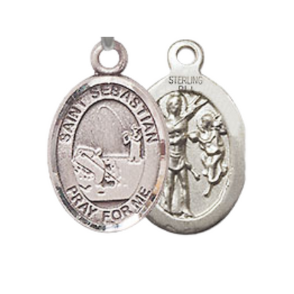 Small Sized Women's .925 Sterling Silver Saint St. Sebastian Fishing Medal Pendant on 18 Inch Rhodium Plated Lite Curb Brass Chain with Lobster Claw Clasp, Catholic Religious Necklace - Made in USA- Velvet Gift Box