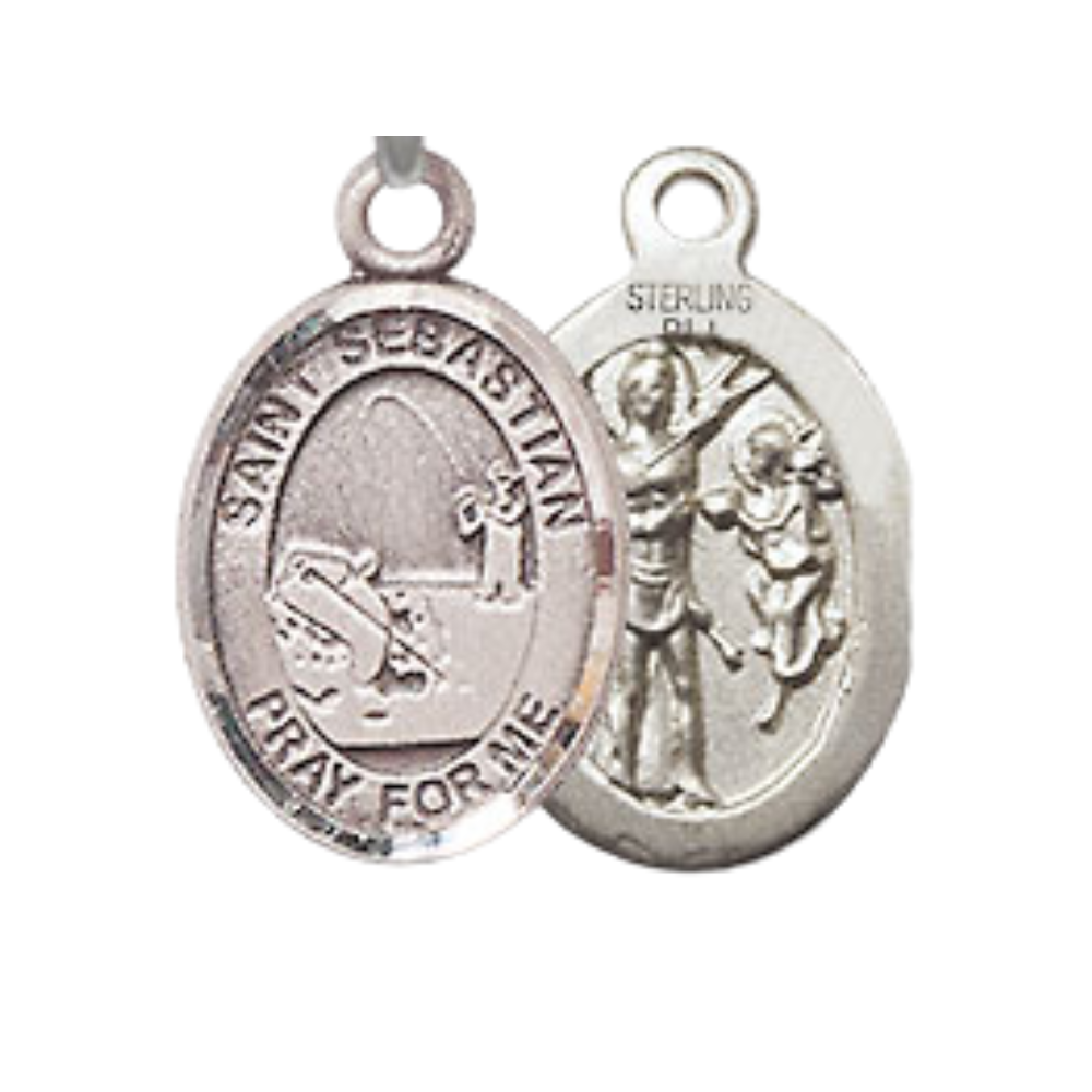 Small Sized Women's Pewter Saint St. Sebastian Fishing Medal Pendant on 18 Inch Rhodium Plated Lite Curb Brass Chain with Lobster Claw Clasp, Catholic Religious Necklace - Made in USA- Velvet Gift Box