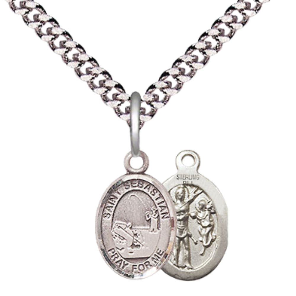 Small Sized Men's Pewter Saint St. Sebastian Fishing Medal Pendant on 24 Inch Endless Rhodium Plated Heavy Curb Brass Chain, Catholic Religious Necklace - Made in USA- Deluxe Velvet Gift Box