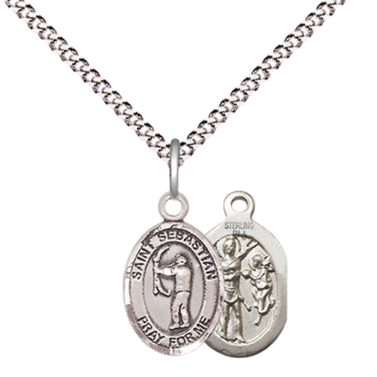 Small Sized Women's Pewter Saint St. Sebastian Archery Medal Pendant on 18 Inch Rhodium Plated Lite Curb Brass Chain with Lobster Claw Clasp, Catholic Religious Necklace - Made in USA- Velvet Gift Box