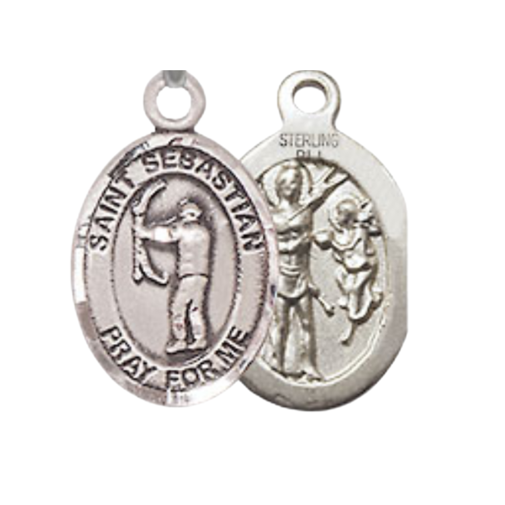 Small Sized Women's .925 Sterling Silver Saint Sebastian Archery Medal Pendant on 18 Inch Rhodium Plated Lite Curb Brass Chain with Lobster Claw Clasp, Catholic Religious Necklace - Made in USA- Velvet Gift Box