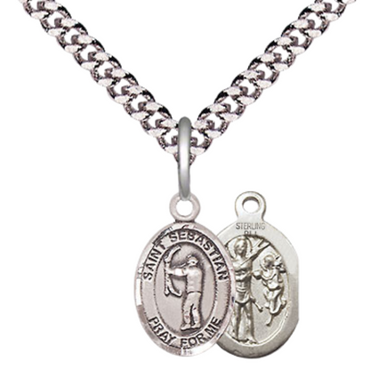 Small Sized Men's Pewter Saint St. Sebastian Archery Medal Pendant on 24 Inch Endless Rhodium Plated Heavy Curb Brass Chain, Catholic Religious Necklace - Made in USA- Deluxe Velvet Gift Box