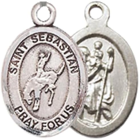 Small Sized Women's Pewter Saint St. Sebastian Rodeo Medal Pendant on 18 Inch Rhodium Plated Lite Curb Brass Chain with Lobster Claw Clasp, Catholic Religious Necklace - Made in USA- Velvet Gift Box