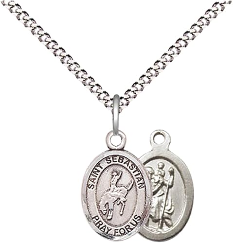 Small Sized Women's Pewter Saint St. Sebastian Rodeo Medal Pendant on 18 Inch Rhodium Plated Lite Curb Brass Chain with Lobster Claw Clasp, Catholic Religious Necklace - Made in USA- Velvet Gift Box