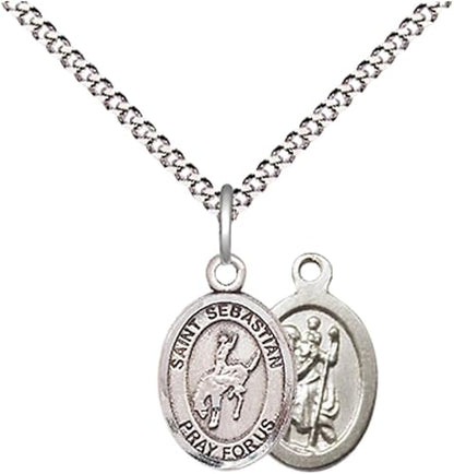Small Sized Women's Pewter Saint St. Sebastian Rodeo Medal Pendant on 18 Inch Rhodium Plated Lite Curb Brass Chain with Lobster Claw Clasp, Catholic Religious Necklace - Made in USA- Velvet Gift Box