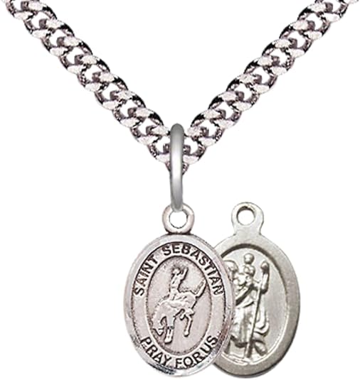 Small Sized Men's Pewter Saint St. Sebastian Rodeo Medal Pendant on 24 Inch Endless Rhodium Plated Heavy Curb Brass Chain, Catholic Religious Necklace - Made in USA- Deluxe Velvet Gift Box
