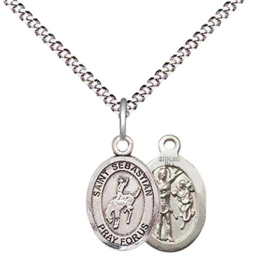 Small Sized Women's .925 Sterling Silver Saint St. Sebastian Rodeo Medal Pendant on 18 Inch Rhodium Plated Lite Curb Brass Chain with Lobster Claw Clasp, Catholic Religious Necklace - Made in USA- Velvet Gift Box