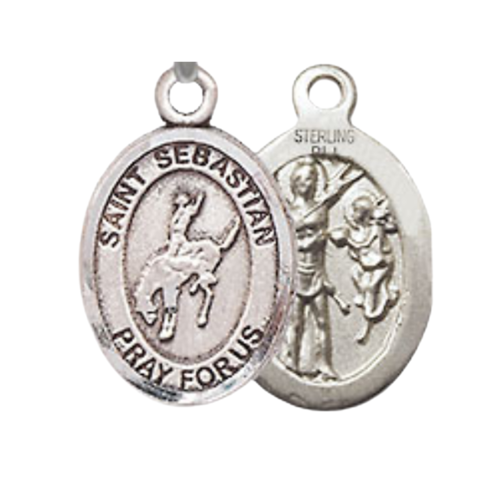 Small Sized Men's .925 Sterling Silver Saint St. Sebastian Rodeo Medal Pendant on 24 Inch Endless Rhodium Plated Heavy Curb Brass Chain, Catholic Religious Necklace - Made in USA- Deluxe Velvet Gift Box