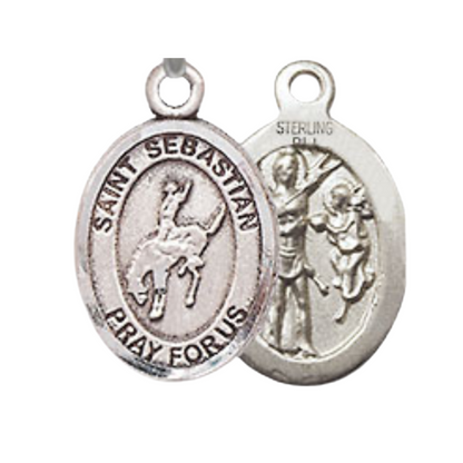 Small Sized Men's .925 Sterling Silver Saint St. Sebastian Rodeo Medal Pendant on 24 Inch Endless Rhodium Plated Heavy Curb Brass Chain, Catholic Religious Necklace - Made in USA- Deluxe Velvet Gift Box