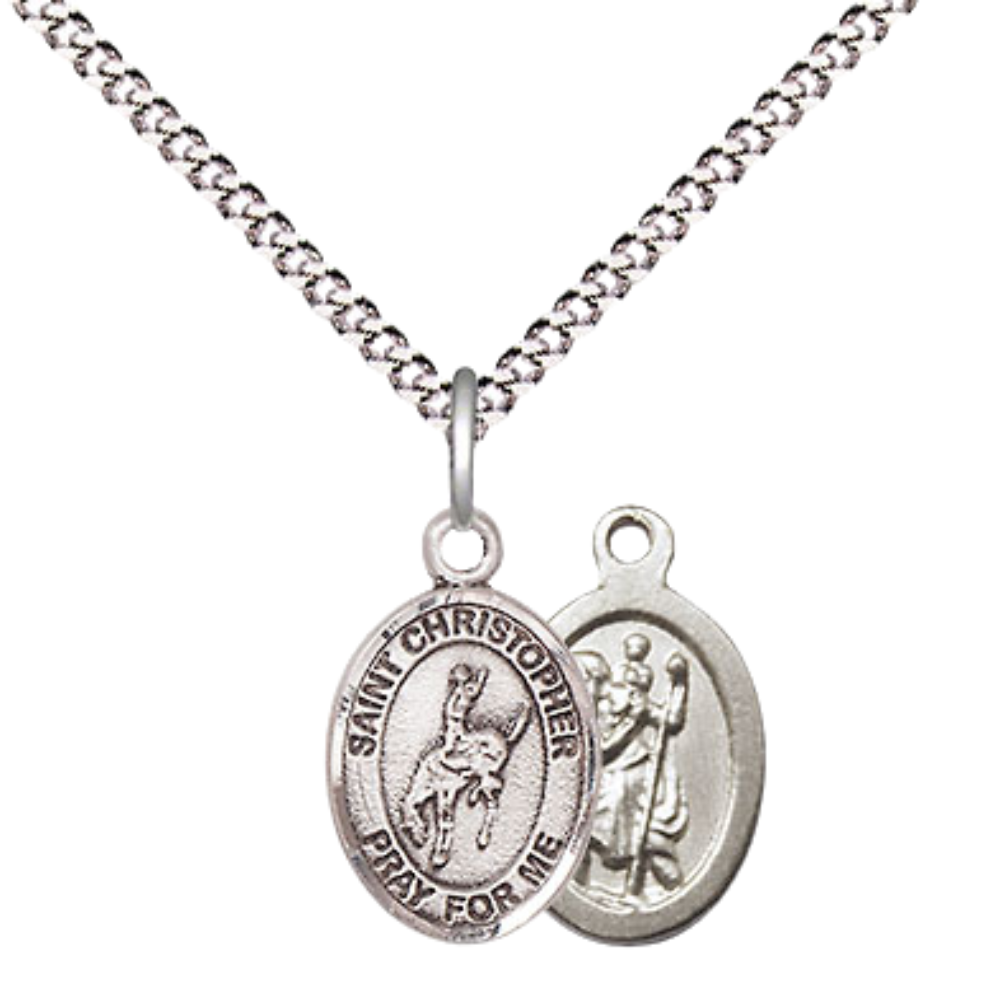 Small Sized Women's Pewter Saint Christopher Rodeo Medal Pendant on 18 Inch Rhodium Plated Lite Curb Brass Chain with Lobster Claw Clasp, Catholic Religious Necklace - Made in USA- Velvet Gift Box