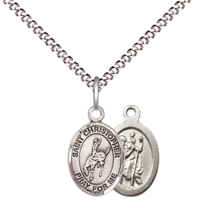 Small Sized Women's Pewter Saint Christopher Rodeo Medal Pendant on 18 Inch Rhodium Plated Lite Curb Brass Chain with Lobster Claw Clasp, Catholic Religious Necklace - Made in USA- Velvet Gift Box