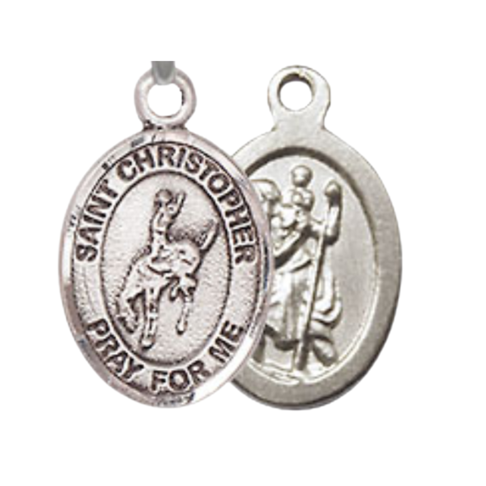 Small Sized Women's Pewter Saint Christopher Rodeo Medal Pendant on 18 Inch Rhodium Plated Lite Curb Brass Chain with Lobster Claw Clasp, Catholic Religious Necklace - Made in USA- Velvet Gift Box