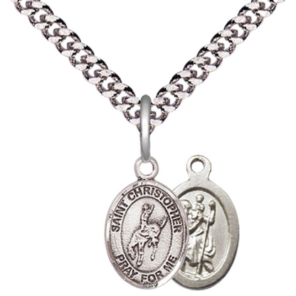 Small Sized Men's .925 Sterling Silver Saint St. Christopher Rodeo Medal Pendant on 24 Inch Endless Rhodium Plated Heavy Curb Brass Chain, Catholic Religious Necklace - Made in USA- Deluxe Velvet Gift Box
