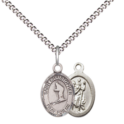 Small Sized Women's .925 Sterling Silver Saint St. Christopher Skiing Medal Pendant on 18 Inch Rhodium Plated Lite Curb Brass Chain w/ Lobster Claw Clasp, Catholic Religious Necklace - Made in USA- Velvet Gift Box