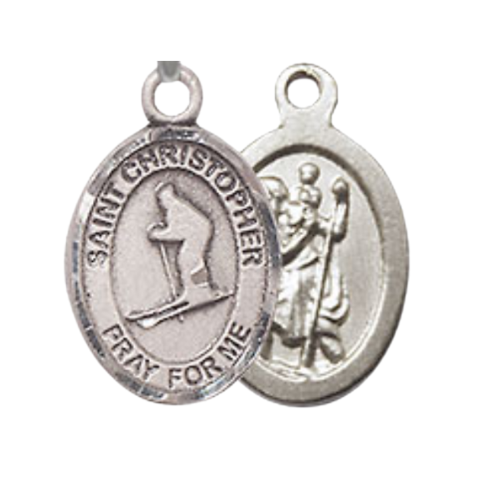 Small Sized Women's Pewter Saint Christopher Skiing Medal Pendant on 18 Inch Rhodium Plated Lite Curb Brass Chain with Lobster Claw Clasp, Catholic Religious Necklace - Made in USA- Velvet Gift Box